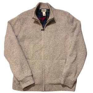 LL Bean Mens Lambswool Full Zip Cardigan Sweater Flannel Lined Oatmeal Large